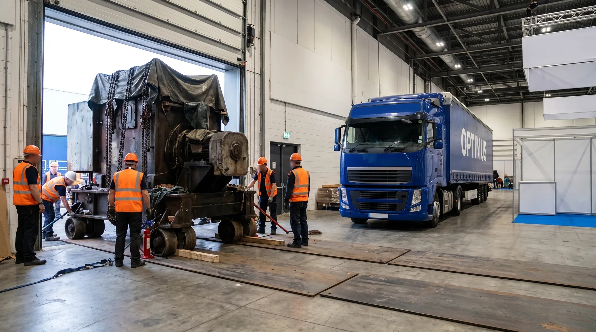 Unloading an oversized exhibit inside a hall: floor loading and door clearance