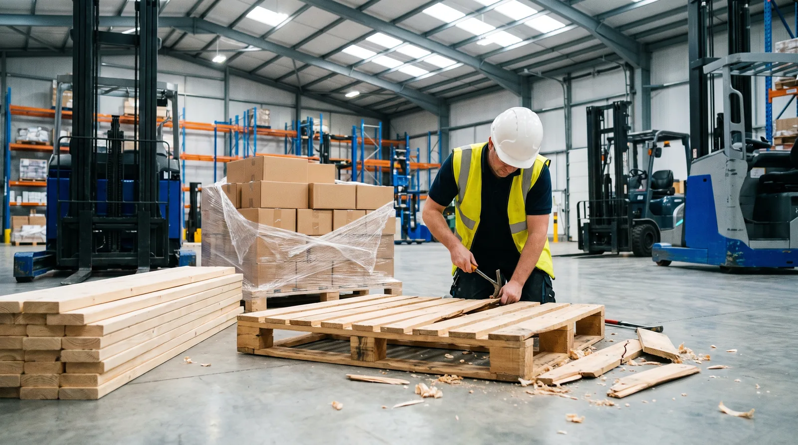 Damaged pallet repair and rebuilding in a UK warehouse
