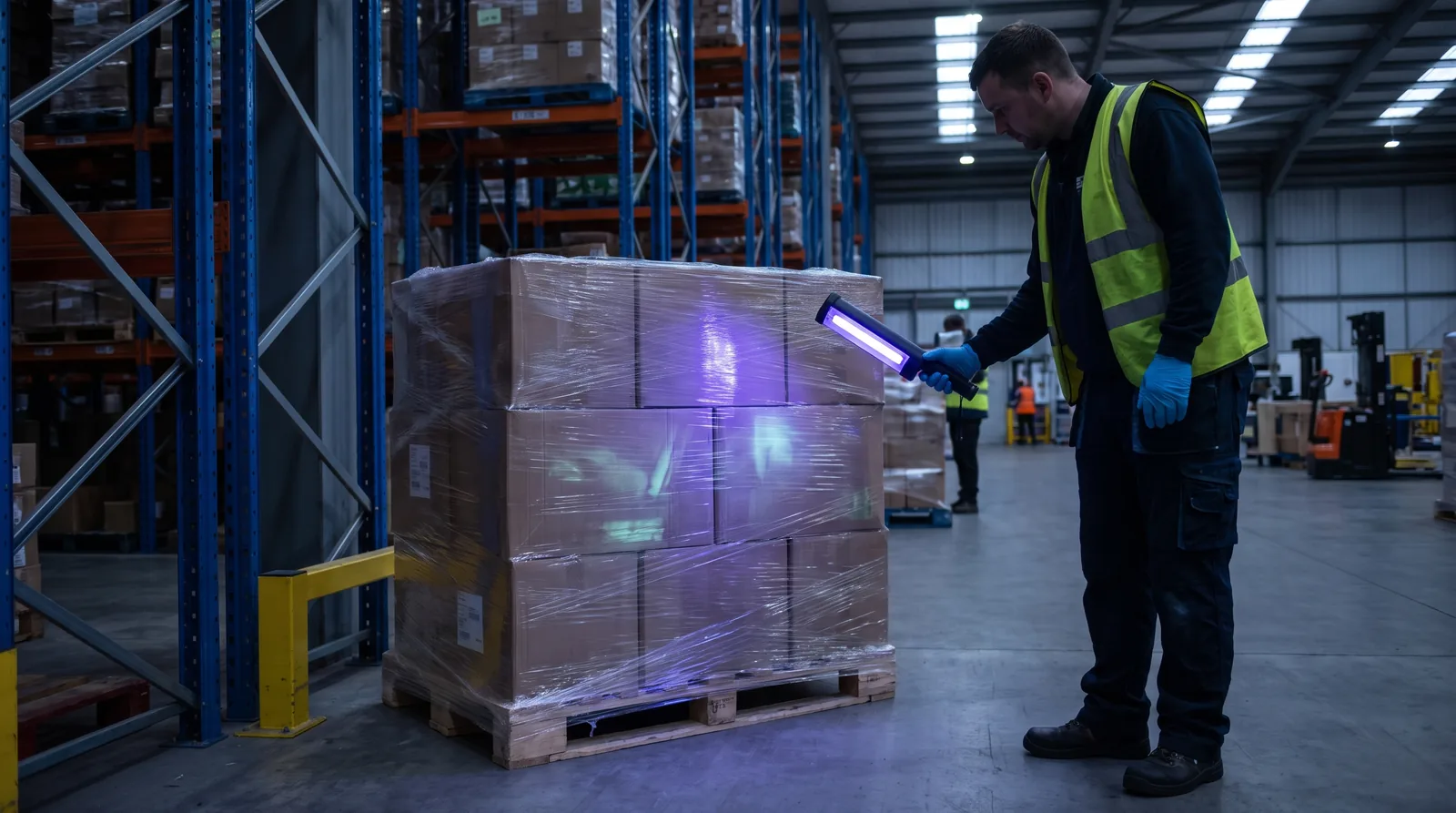 UV inspection and UVC decontamination of cargo in a UK warehouse