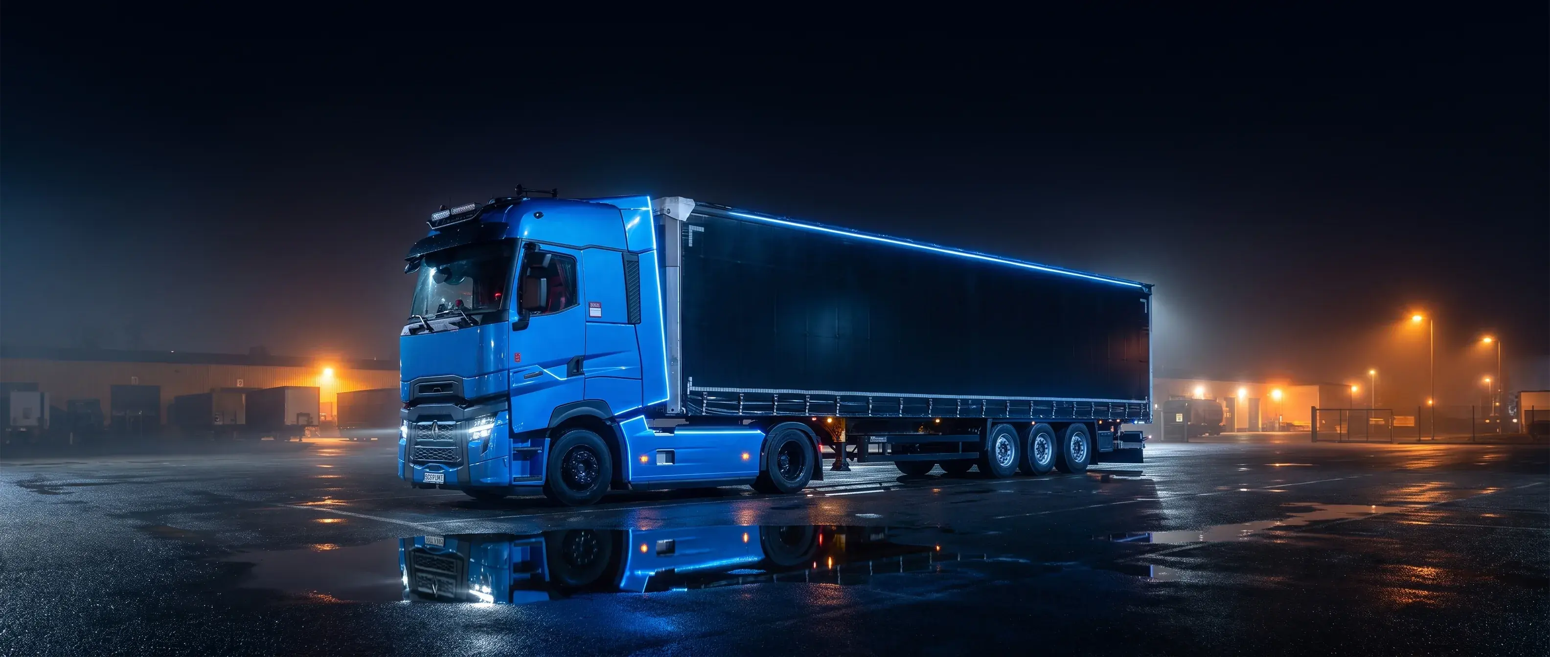 Full Renault T tractor unit with curtainsider trailer from the OPTIMUS TRANSPORT fleet at night
