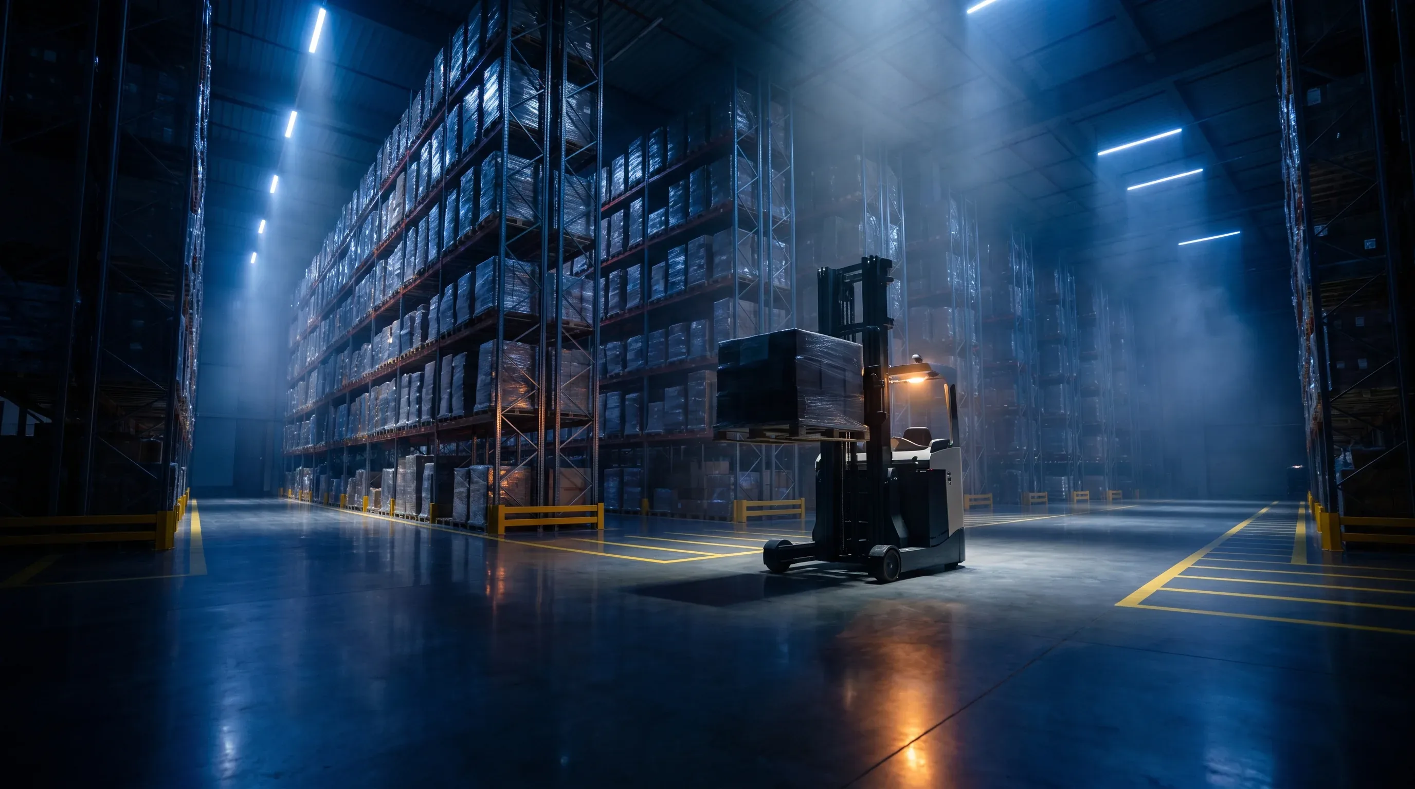 OPTIMUS TRANSPORT warehouse in Milton Keynes at night: loading dock lit in cobalt blue