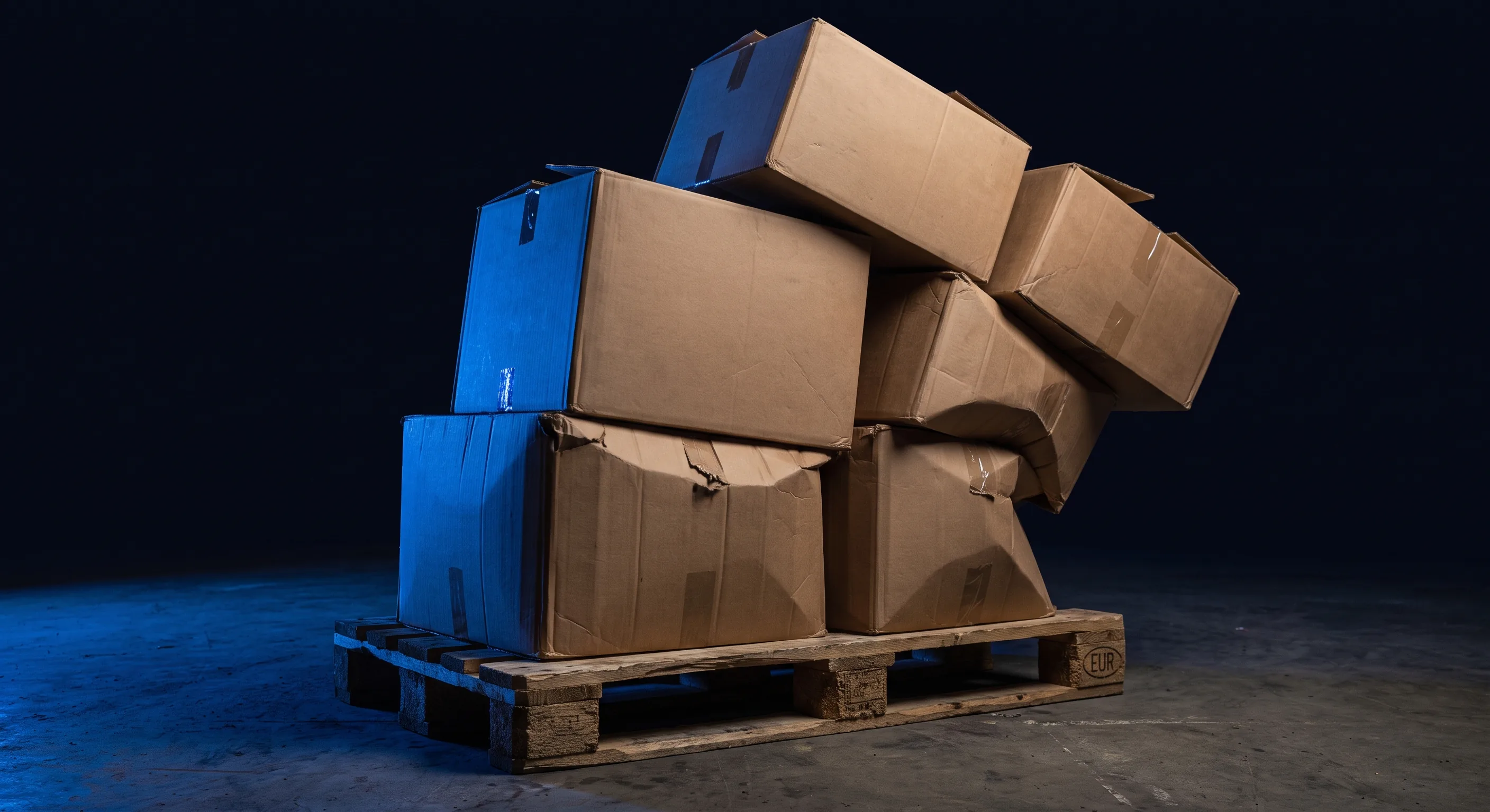 Pallet with scattered cartons: condition before recovery at Milton Keynes warehouse