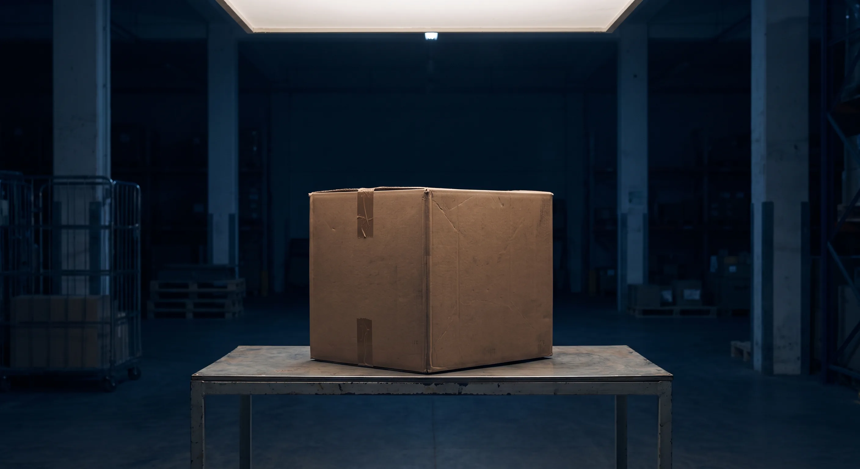 Carton in warehouse: normal lighting, load apparently undamaged