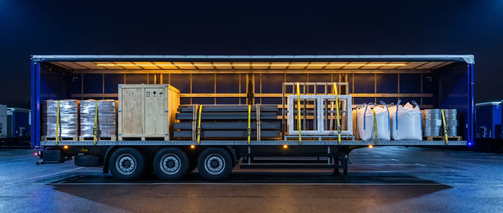 OPTIMUS trailer with load revealed: drums, crated machine, steel, windows, bulk bags
